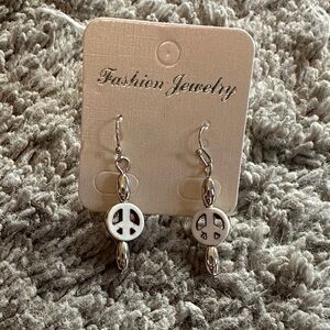 Fashion Jewelry Silver and White Peace Symbol Earrings